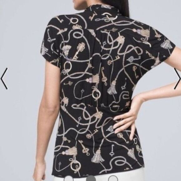 NWT🏷 WHBM Keepsake Black Key & Tassel Ruched Short Sleeve Blouse Top XS - Picture 3 of 6
